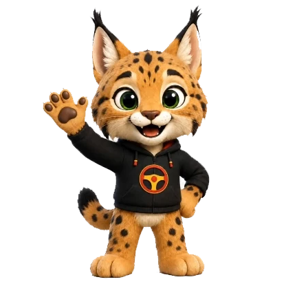 La mascota lince de SacaCarnet saludando junto a un test DGT del permiso B